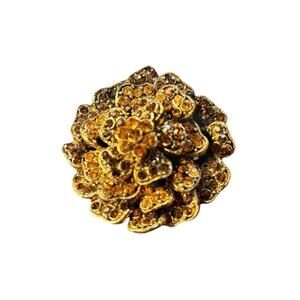Vintage Amber Rhinestone Floral Brooch Gold Tone Layered Statement Pin